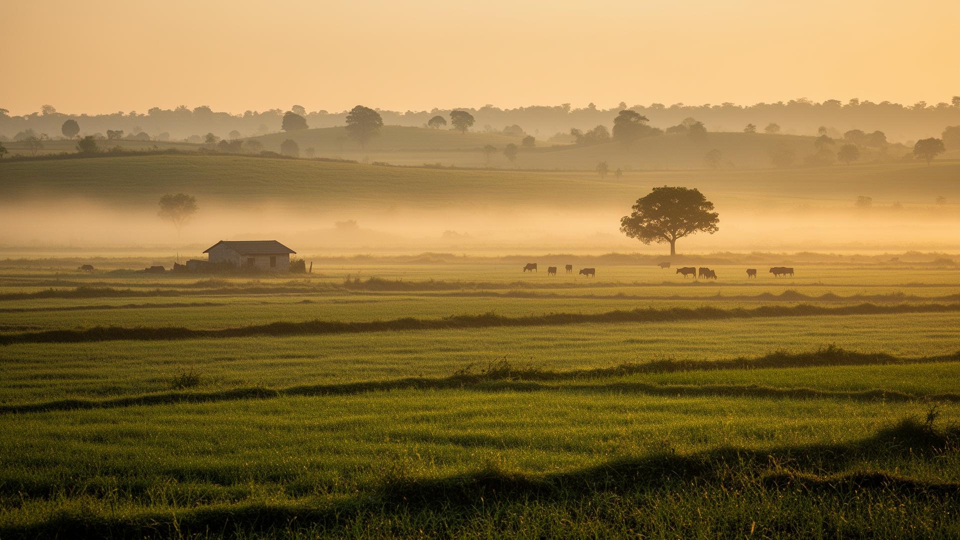 Fresho Farms countryside at golden-hour sunrise — rolling pasture with grazing cattle and morning mist