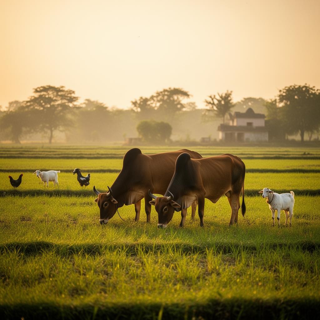 Gir cows grazing at golden hour on a lush Maharashtra pasture with goats and free-range hens nearby